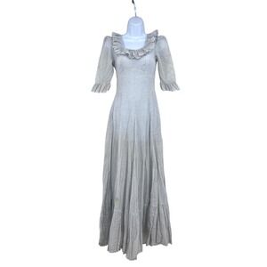 Vintage 1930s Polka Dot Ruffle Maxi Dress White Blue Tiered Skirt